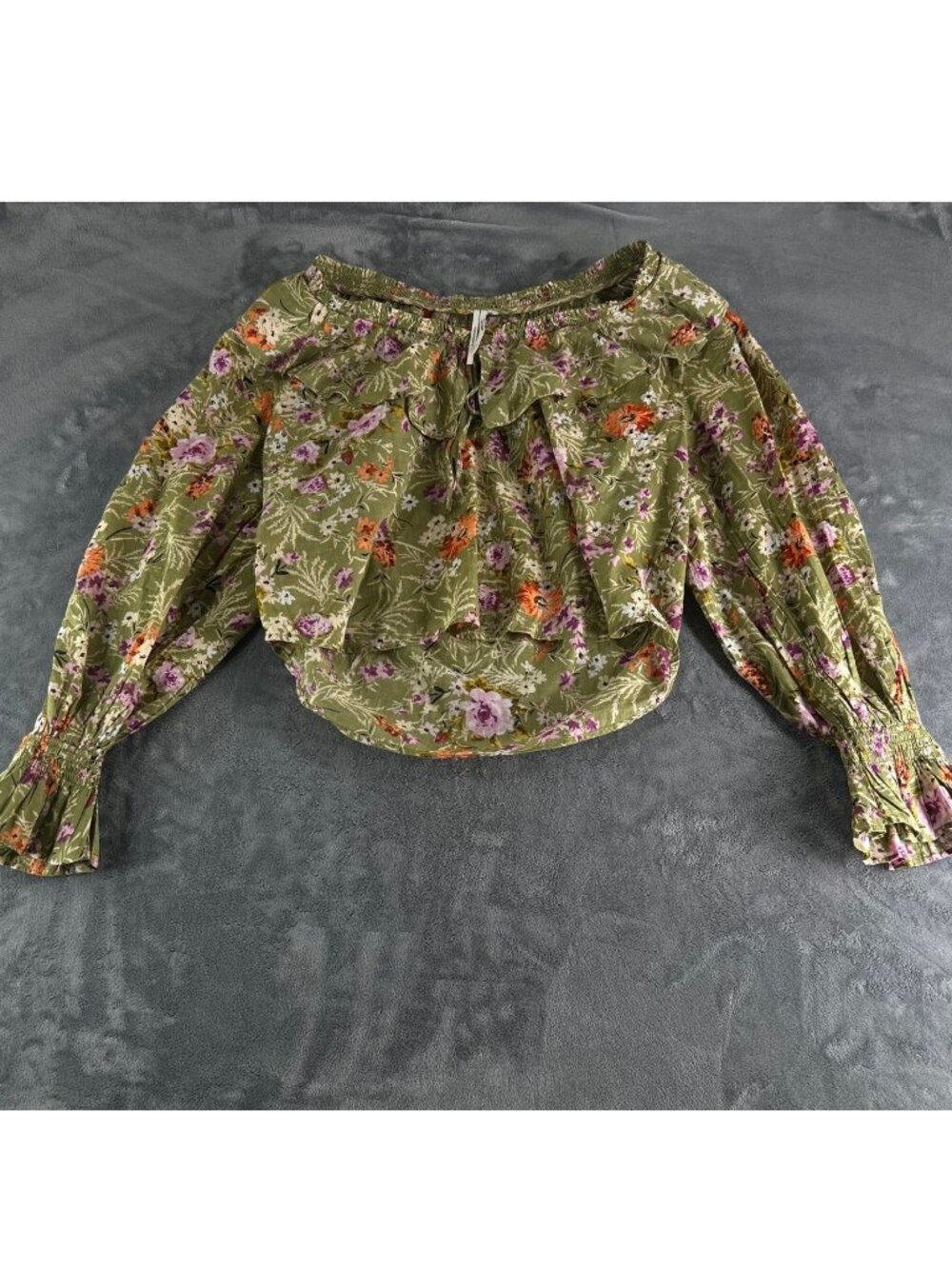 Anthropologie Floral Off Shoulder Ruffle Blouse Olive Green Cotton Top Medium